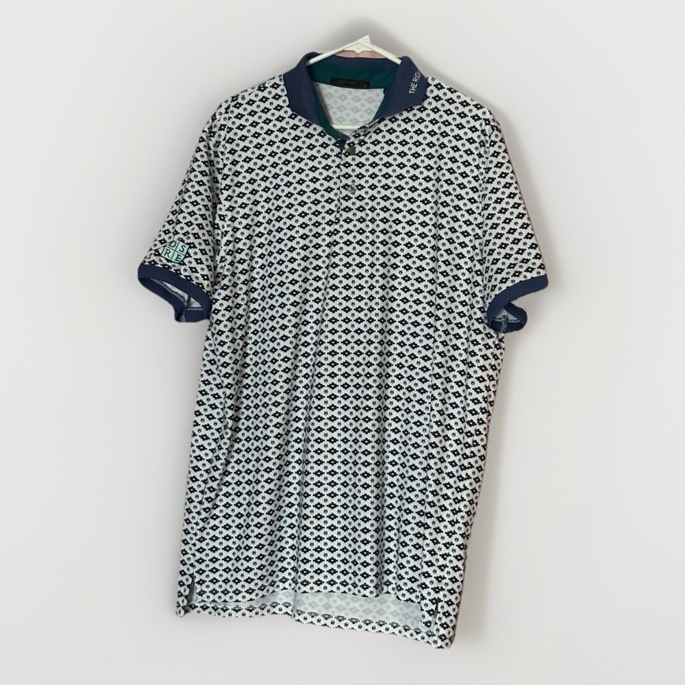 Greyson Polo Shirt L Blue Geometric Wolf Logo Golf Performance Athletic